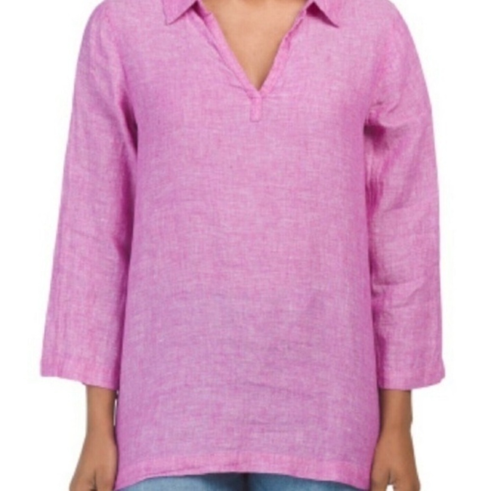 Tahari Women's Pink Linen V-Neck Tunic With Side Buttons Size 1X